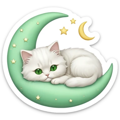 White Persian cat with green eyes sleeping on crescent moon  sticker