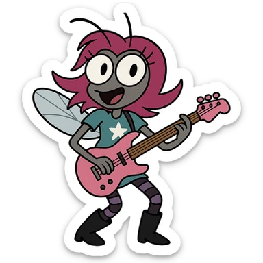 female fly character with magenta hair, big round eyes, teal shirt with white star, golden belt, black boots, purple-striped leggings, holding a pink guitar, rockstar energy, playful and musical sticker