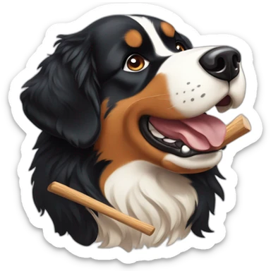 Bernese mountain dog playing with a wood stick sticker