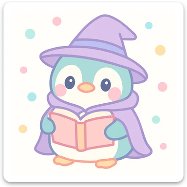 playful chubby penguin with a wizard hat and cloak, holding an open spellbook sticker