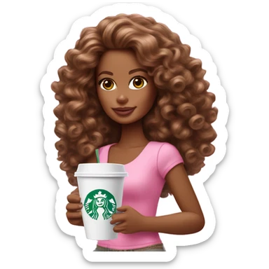 Barbie girl with brown long curly hair holding Pink starbucks refresher sticker