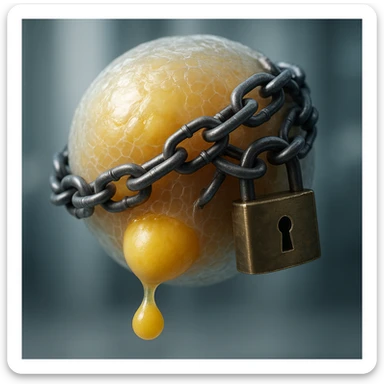 adipocyte releasing fat but locked by chains and padlock, hyper realistic 4K, membrane details, clinical atmosphere sticker