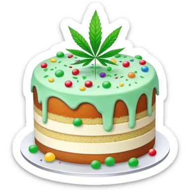 Colorful confetti cake with mint leaves and a cannabis leaf decoration on top sticker