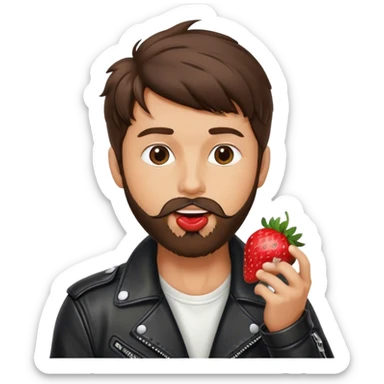dressed with a black leather jacket, a brunette guy with a beard and toupee licking a strawberry sticker