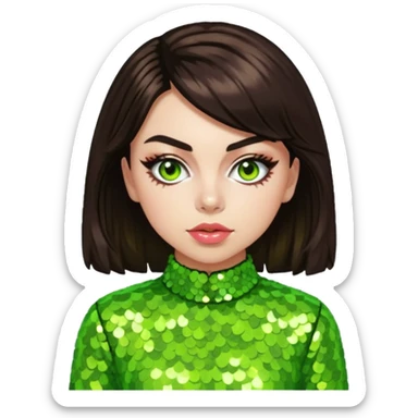 Charli XCX with dark brown hair, lime green sequin outfit sticker