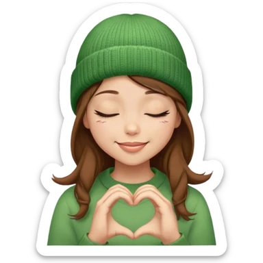 brown hair girl closed eyes stylish in a green beanie hat smiling making heart from her hands  sticker