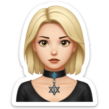 Leather choker with sigil around woman’s neck, pulse visible, dominance tone sticker