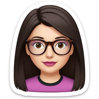 White woman with long straight dark brown hair (hair parted in the middle), dark Brown eyes, light tortoiseshell framed glasses (no pink colour). The lips have soft dark old pink coloured lipstick, and lith smile (no teeth showing). No shaddow make-up in the eyes. sticker