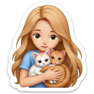 A girl with long hair tightly hugged a kitten sticker