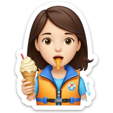 girl brunet kid wearing lifejacket, eating ice cream sticker