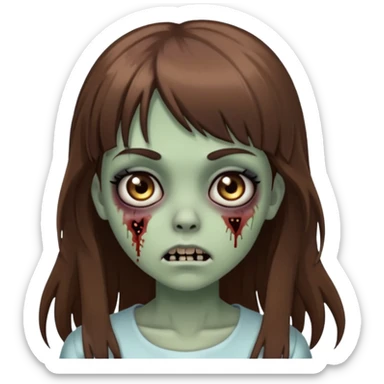 Zombie girl emoji with long brown hair, bangs, big black eyes sticker