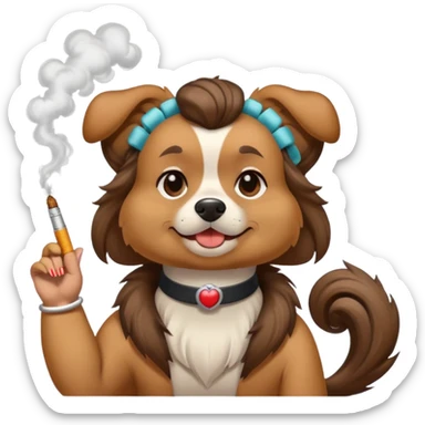 A dog with rollers and smoking a cigarette sticker
