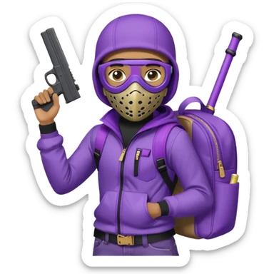 YN with a ski mask, Glock 10mm, purple jeans, Sprayground bookbag, standing pose sticker