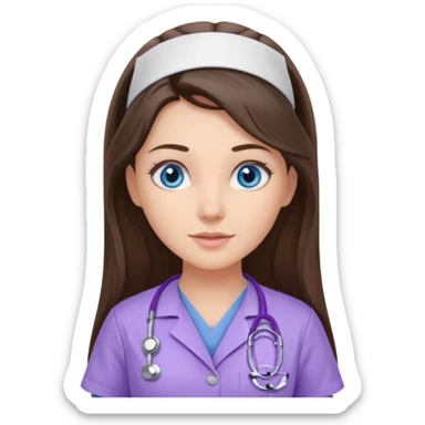 pretty brunette nurse with long hair and blue eyes in lilac scrubs sticker