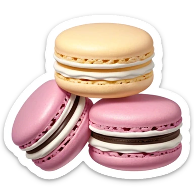 Cinematic Realistic Macaroon Dessert Emoji, showcasing colorful, delicate meringue-based cookies with a crisp exterior rendered with vibrant textures and playful, soft lighting. sticker