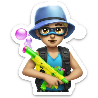 Caucasian boy in rave gear with mask and hat and shooting a bubble gun sticker