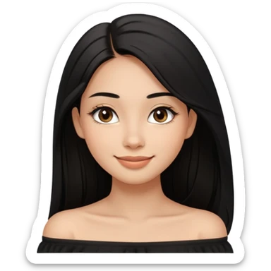 A realistic 3D avatar of a young woman with a soft oval face, slim cheeks, natural almond eyes, long straight black hair, minimal makeup, wearing a black off-shoulder top, elegant and aesthetic, brown skintone, add nosepin at left side.  sticker