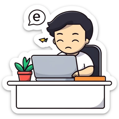 Person taking a deep breath with eyes closed, sitting at desk with email notification on screen sticker