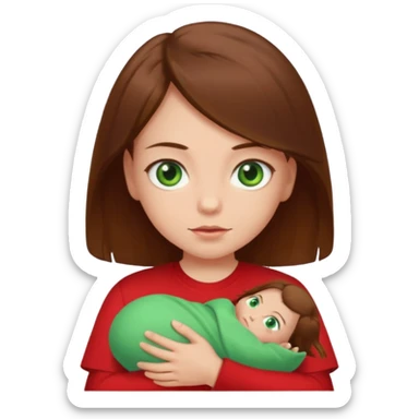 a girl with brown strait hair and has baby green eyes has a red t-shirt sticker