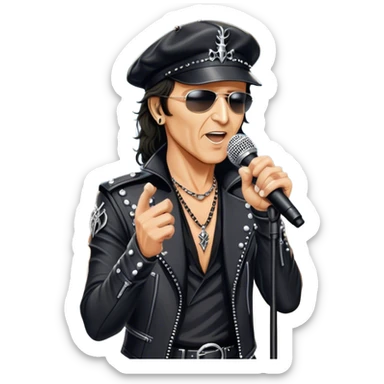 Icon for Rock Music: Klaus Meine holds a microphone stand in his hands performing with Scorpions on stage, with powerful stage presence. The vibe should capture the energetic and iconic sound of Scorpions, with vibrant lighting and a stadium atmosphere. Transparent background. sticker