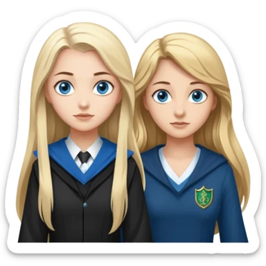a pretty ravenclaw girl with long brown hair and blue eyes standing with a hot Slytherin girl with long blonde hair, blue eyes and big boobs  sticker