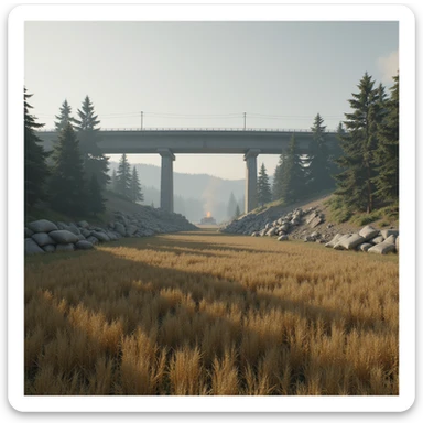  a screenshot of a location in a videogame  the image of the scene consists of: a tall above-ground freeway with a collapsed section in the distance, a wooded area, a small field of wheat, a tall workshop in the distance, and 2-foot tall sandbag wall-fortifications. distant smoke sticker