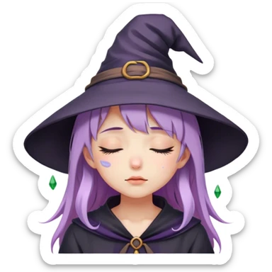 cute anime girl with closed eyes crying with lilac hair in witch hat sticker