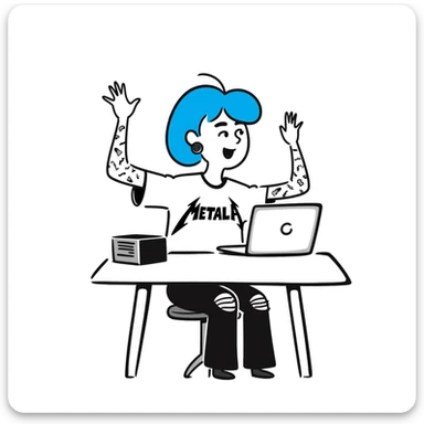 Rock musician girl with half-shaved head and blue hair, arm tattoos, multiple ear piercings, wearing ripped jeans and metal band shirt, sitting at desk with laptop and raising hand enthusiastically sticker