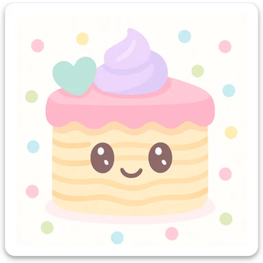 {
  "style_description": {
    "overall_look": "Cute, minimal, and soft with a friendly and playful tone",
    "material_simulation": {
      "primary_material": "flat digital color",
      "texture_detail": "smooth surfaces with no texture or shading",
      "pattern": "none or very simple decorative accents (e.g., hearts, stars)"
    },
    "geometry": {
      "edge_style": "rounded, soft curves with no sharp angles",
      "dimensionality": "flat two-dimensional appearance with simple shapes"
    },
    "color_palette": {
      "scheme": "pastel and light tones",
      "preferred_colors": ["pink", "mint", "lavender", "baby blue", "peach"],
      "contrast": "low contrast with bright accents"
    },
    "facial_features": {
      "eyes": "large, sparkly, often oval or circular",
      "mouth": "small, often a simple curve or dot",
      "expression": "joyful, innocent, or calm"
    },
    "lighting": {
      "type": "none or implied with soft highlights",
      "purpose": "maintain a clean and cheerful look"
    },
    "render_constraints": {
      "avoid": ["realistic shading", "high detail", "dark themes", "texture noise"],
      "focus_on": ["cute expression", "iconic simplicity", "emotional warmth"]
    },
    "background": {
      "color": "white or soft pastel",
      "style": "plain or patterned with simple icons (e.g., polka dots, stars)",
      "lighting_consistency": "no shadows, evenly lit feel"
    }
  }
}

{subject} = linguine cake sticker