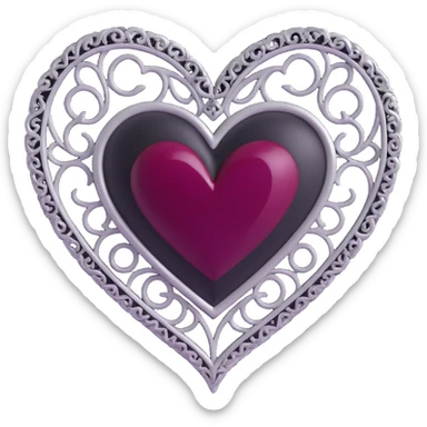 3D emoji gothic heart, black velvet texture, silver filigree details, dark ruby center, ornate and dramatic style sticker
