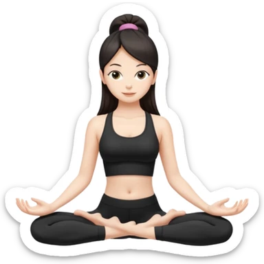 Девушка белокожая, с длинными темными волосами, в черной одежде для йоги, стоит в позе лотоса, в стиле бимбо пилатес, правильные пропорции, только человек, не видно стоп sticker