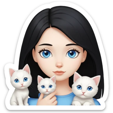 Chica con pelo negro hasta los hombros con gatito blanco con ojos celestes  sticker