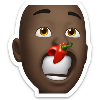 A black person chewing a red chilli pepper  sticker