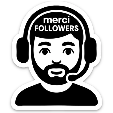 A person with black hair, brown eyes, black beard wearing a gaming headset "merci Followers" sticker