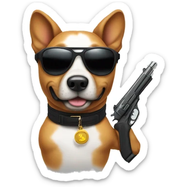 Dog with sunglasses and a gun sticker