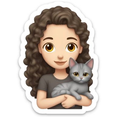 White Girl curly brunette hair cuddling with grey cat sticker