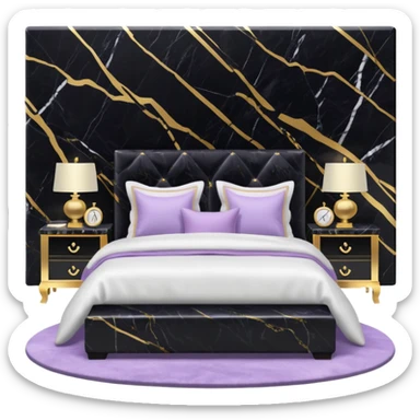 Luxurious black marble bed room with gold and white accents  with a lilac-colored pillow  sticker