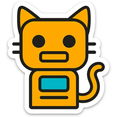 cartoon style emoji mashup of a cat and a robot, flat icon, white background, robot body with cat ears and tail sticker