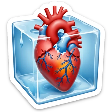 A realistic human heart completely frozen, trapped inside a clear ice cube sticker