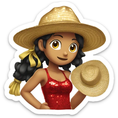 Girl in red sequined dress wearing Luffy's straw hat sticker