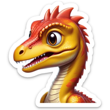 Cinematic Cute jurassic park Velociraptor Portrait Emoji, Head tilted playfully with a cheeky smirk, featuring a compact, agile form with smooth, dark scales and softened, expressive eyes that sparkle with mischievous charm, Simplified yet irresistibly adorable features, highly detailed, glowing with a warm, inviting prehistoric glow, high shine, affectionate and lively, stylized with a touch of whimsical dinosaur mischief, soft glowing outline, capturing the essence of a playful jurassic park Velociraptor that seems as if it could sprint out of the screen into your heart! sticker