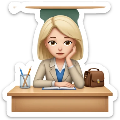 Exhausted female teacher with head down on classroom desk sticker