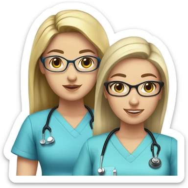 Two Caucasian Best friend nurses in blue scrubs. one girl has glasses with black hair in a pony tail. The other girl has long hair but no glasses sticker