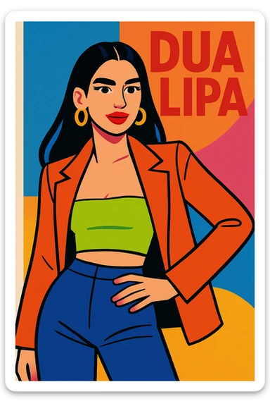 Dua Lipa as a stylized pop icon, vibrant colors, bold fashion, confident pose sticker
