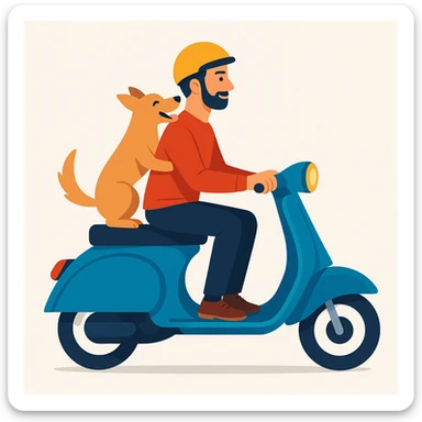 vector art of a man and his pet dog riding a vespa, for website design  sticker