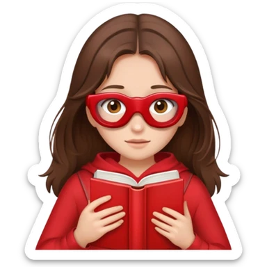 brunette girl with brown hair wearing red clothes covering her face with book sticker
