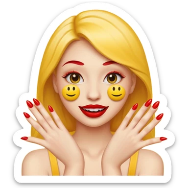 yellow smiley emoji face with big red lips and two hands with long red nails sticker