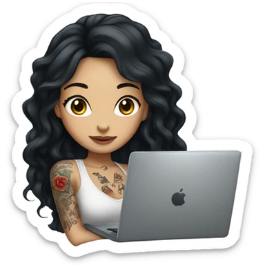 beautiful girl, with tattoos, with long black hair, wavy hair, chinese, with laptop sticker