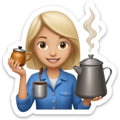 A cheerful female camper brewing coffee in a small metal pot. sticker