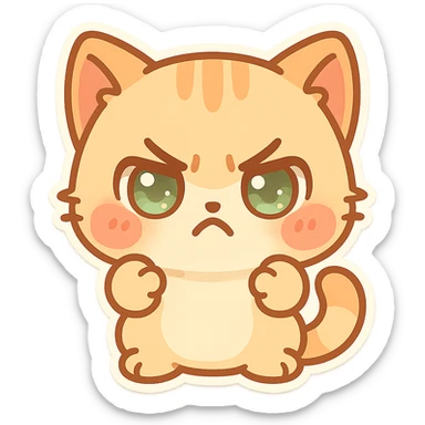 kawaii chibi-style cat emoji with pastel orange and brown cream fur, anime-style angry expression, sparkly green eyes, blushing cheeks, pastel color palette, soft rounded design, vector art sticker